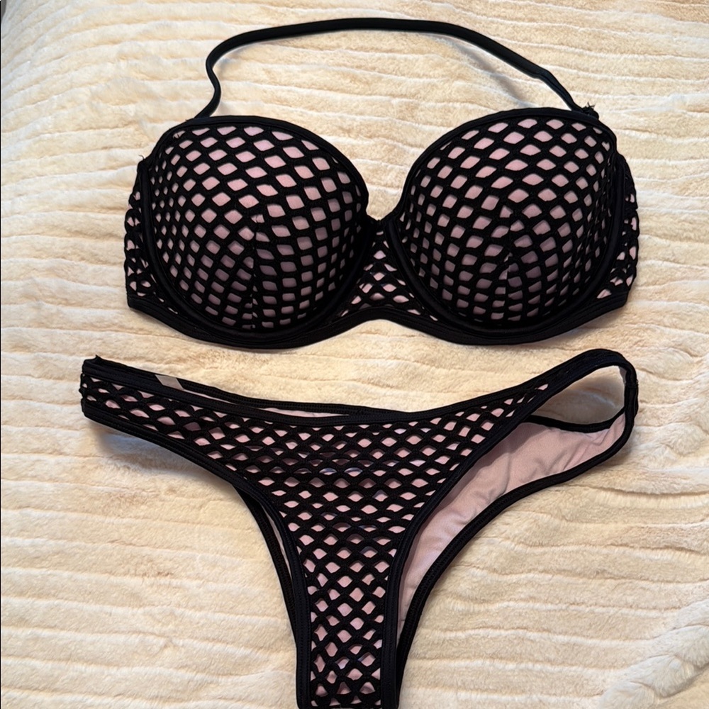 Black and Pink Mesh Bikini Set